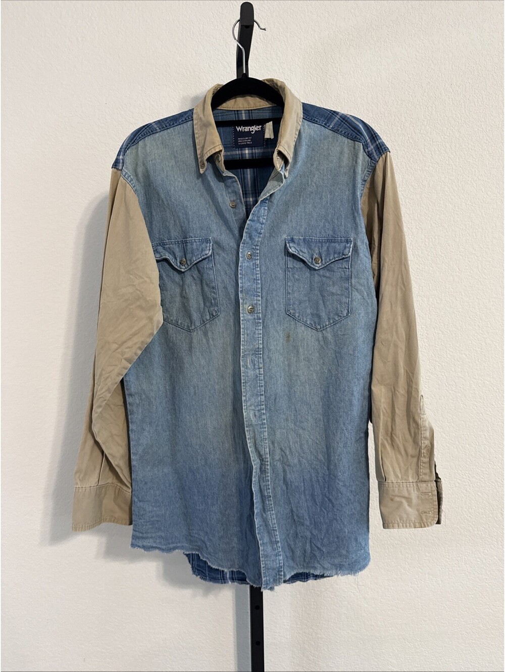 VTG Wrangler Shirt Mens Blue Tan Denim Two Tone Western Button Down 15.5 x 33